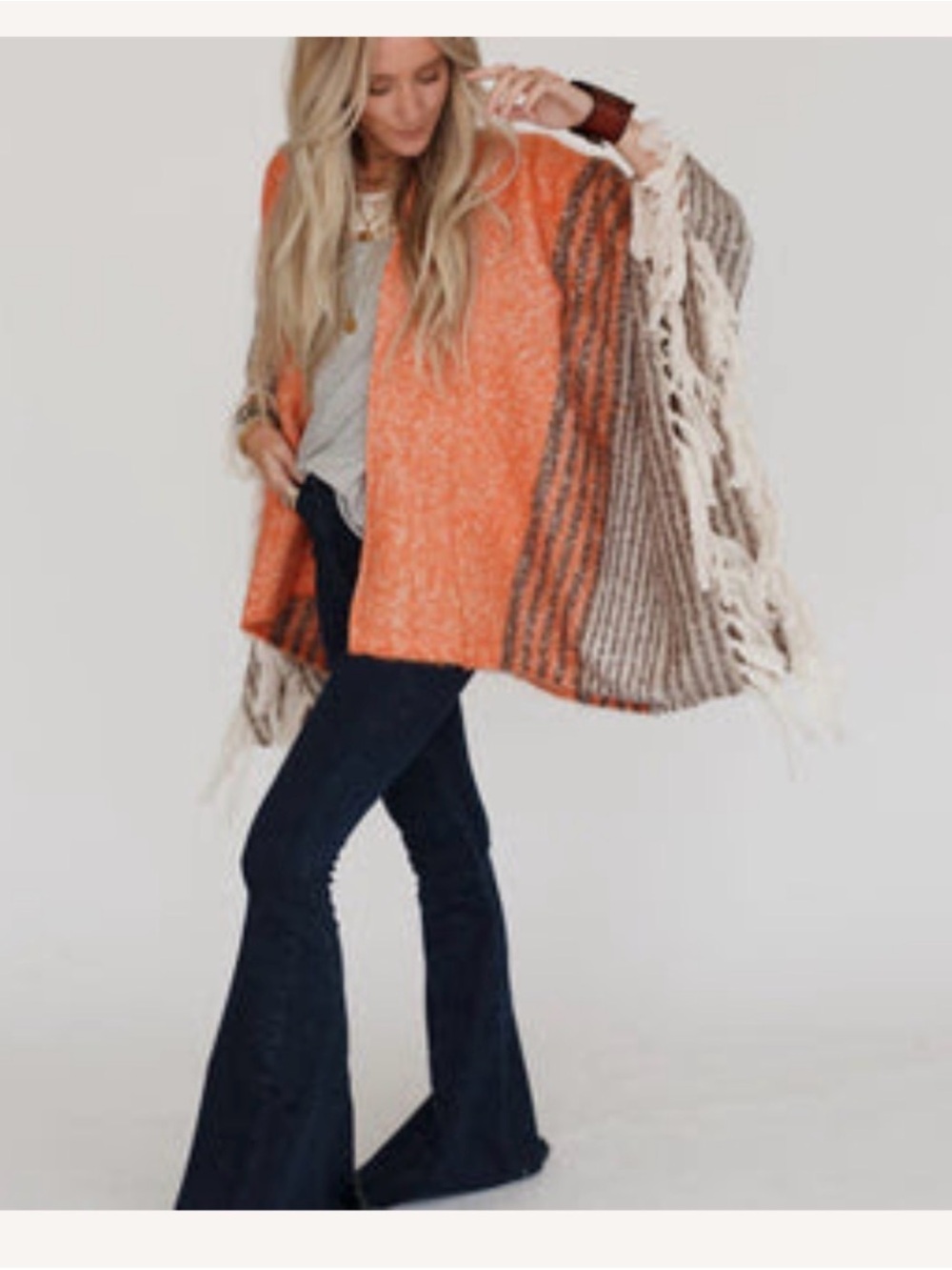 Three Bird Nest Striped Orange Brown Cream Knit Fringe Poncho Shawl Sweater OS